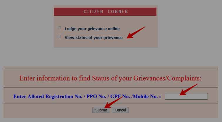 Online Grievance Status for Pension and GPF Account