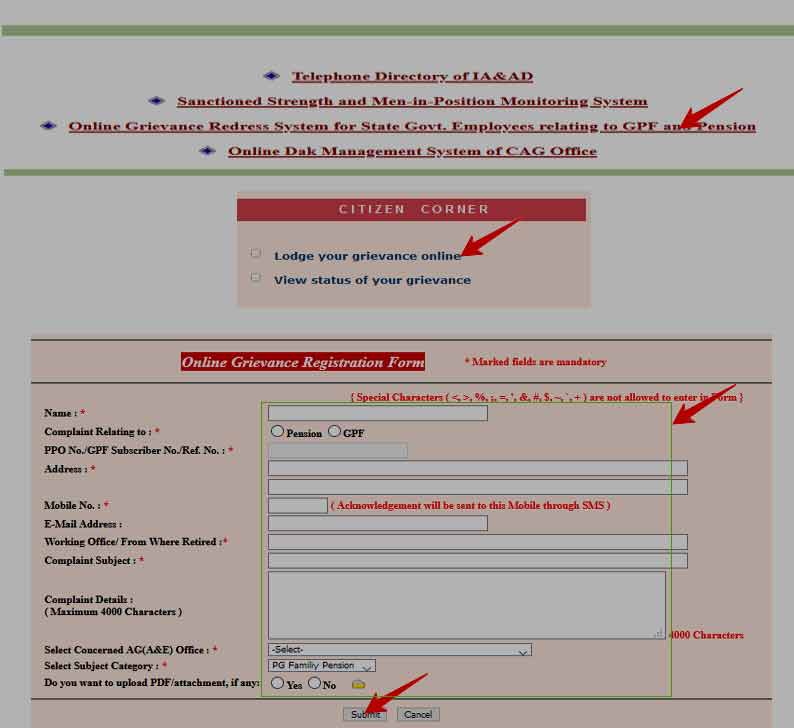Lodge Online Grievance for Pension and GPF Account  for State Government Employee