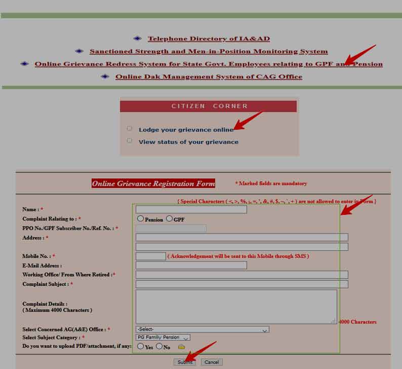 Lodge Online Grievance for Pension and GPF Account for State Government Employee